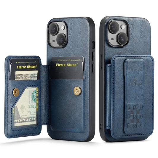 For iPhone 15 Plus Fierre Shann Oil Wax Cow Leather Card Holder Back Phone Case(Blue) - iPhone 15 Plus Cases by FIERRE SHANN | Online Shopping UK | buy2fix