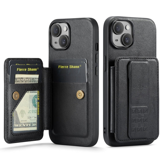 For iPhone 15 Fierre Shann Oil Wax Cow Leather Card Holder Back Phone Case(Black) - iPhone 15 Cases by FIERRE SHANN | Online Shopping UK | buy2fix