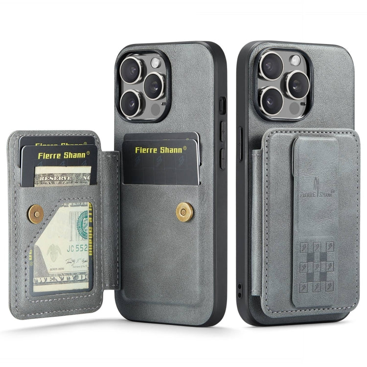 For iPhone 12 Pro Max Fierre Shann Oil Wax Cow Leather Card Holder Back Phone Case(Grey) - iPhone 12 Pro Max Cases by FIERRE SHANN | Online Shopping UK | buy2fix