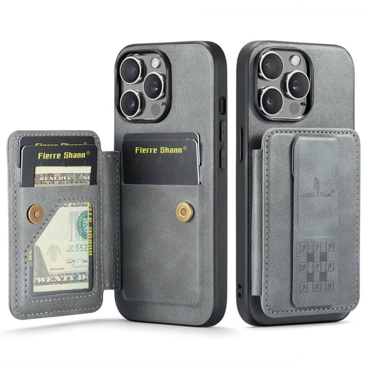 For iPhone 12 Pro Max Fierre Shann Oil Wax Cow Leather Card Holder Back Phone Case(Grey) - iPhone 12 Pro Max Cases by FIERRE SHANN | Online Shopping UK | buy2fix