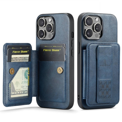 For iPhone 12 / 12 Pro Fierre Shann Oil Wax Cow Leather Card Holder Back Phone Case(Blue) - iPhone 12 / 12 Pro Cases by FIERRE SHANN | Online Shopping UK | buy2fix