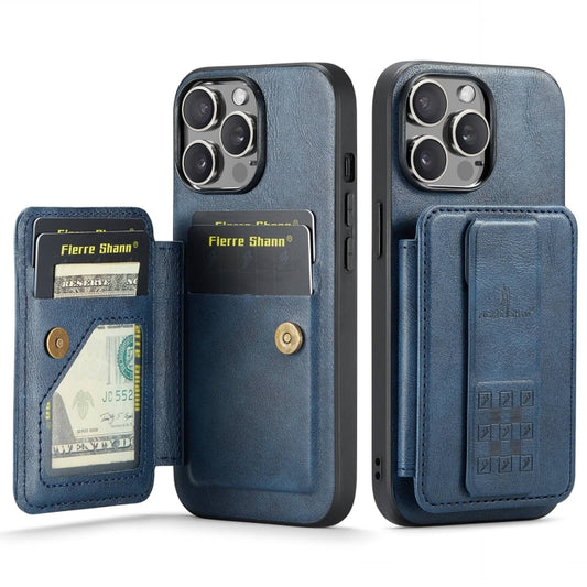 For iPhone 12 / 12 Pro Fierre Shann Oil Wax Cow Leather Card Holder Back Phone Case(Blue) - iPhone 12 / 12 Pro Cases by FIERRE SHANN | Online Shopping UK | buy2fix