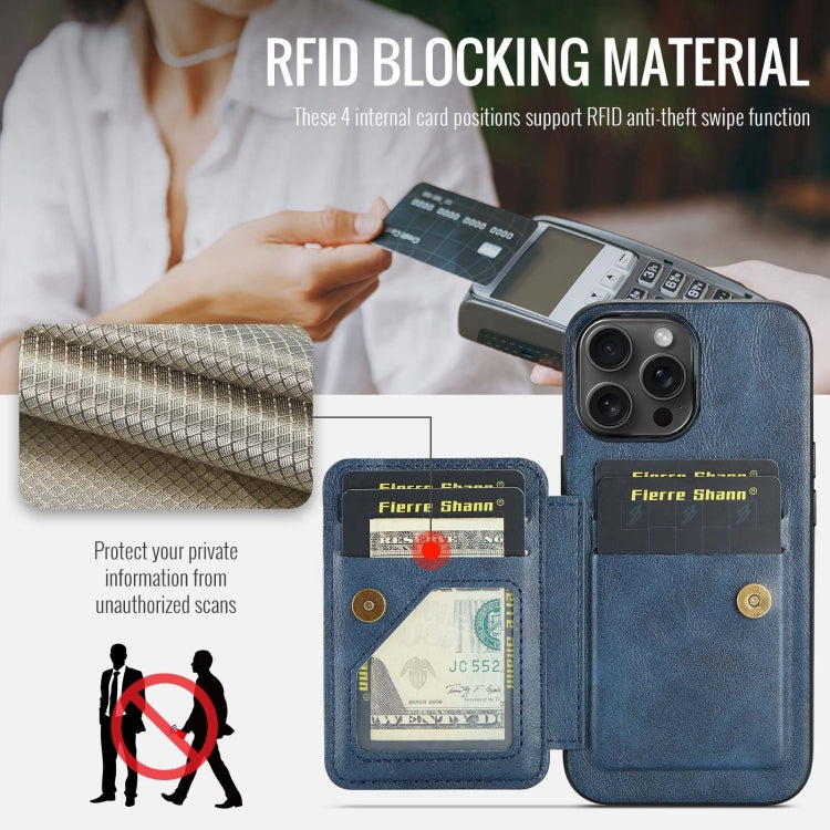 For iPhone 12 / 12 Pro Fierre Shann Oil Wax Cow Leather Card Holder Back Phone Case(Blue) - iPhone 12 / 12 Pro Cases by FIERRE SHANN | Online Shopping UK | buy2fix