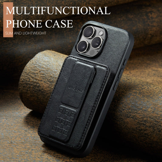 For iPhone 16 Pro Max Fierre Shann Oil Wax Cow Leather Card Holder Back Phone Case(Black) by FIERRE SHANN