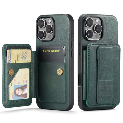 For iPhone 16 Pro Max Fierre Shann Oil Wax Cow Leather Card Holder Back Phone Case(Green) by FIERRE SHANN