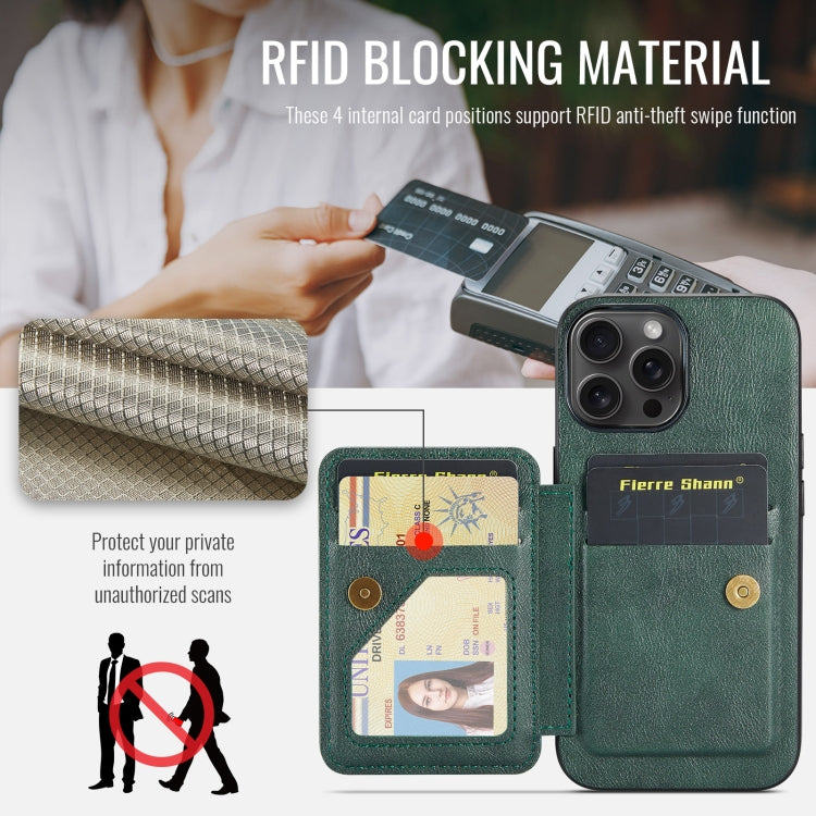 For iPhone 16 Pro Max Fierre Shann Oil Wax Cow Leather Card Holder Back Phone Case(Green) by FIERRE SHANN