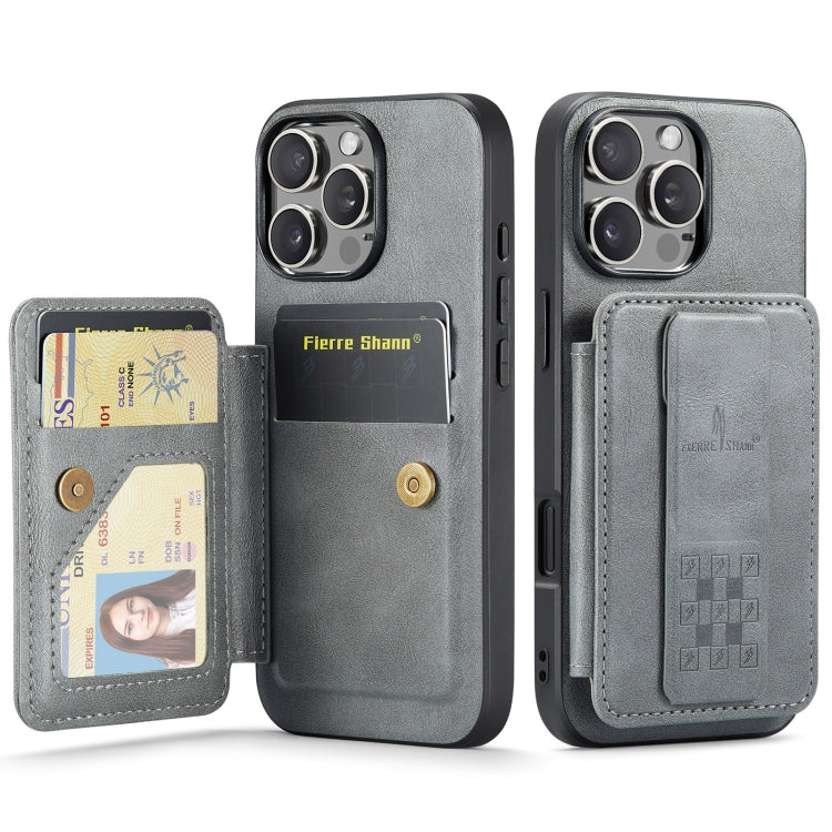 For iPhone 16 Pro Max Fierre Shann Oil Wax Cow Leather Card Holder Back Phone Case(Grey) by FIERRE SHANN