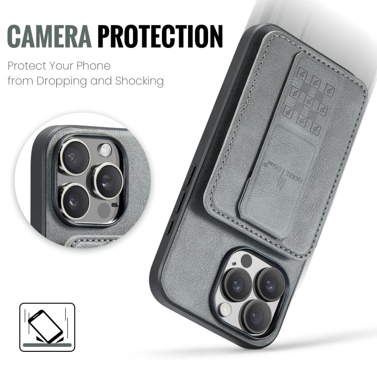 For iPhone 16 Pro Max Fierre Shann Oil Wax Cow Leather Card Holder Back Phone Case(Grey) by FIERRE SHANN