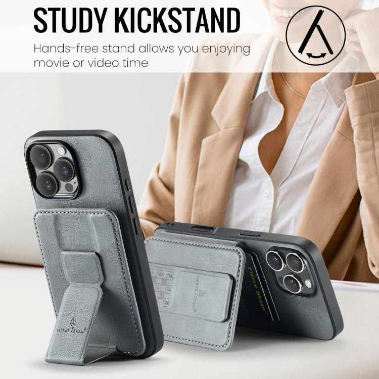 For iPhone 16 Pro Max Fierre Shann Oil Wax Cow Leather Card Holder Back Phone Case(Grey) by FIERRE SHANN