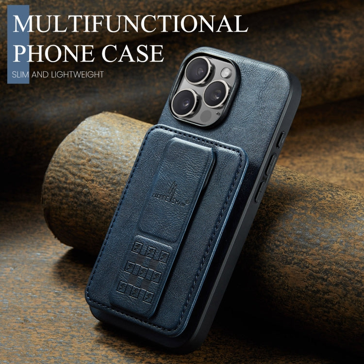 For iPhone 16 Pro Max Fierre Shann Oil Wax Cow Leather Card Holder Back Phone Case(Blue) by FIERRE SHANN