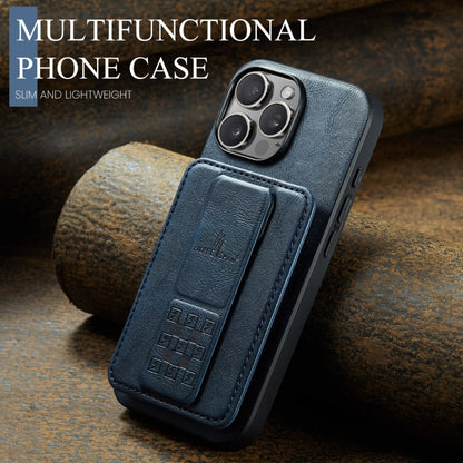 For iPhone 16 Pro Max Fierre Shann Oil Wax Cow Leather Card Holder Back Phone Case(Blue) by FIERRE SHANN