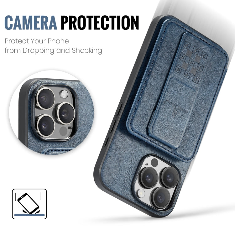 For iPhone 16 Pro Max Fierre Shann Oil Wax Cow Leather Card Holder Back Phone Case(Blue) by FIERRE SHANN