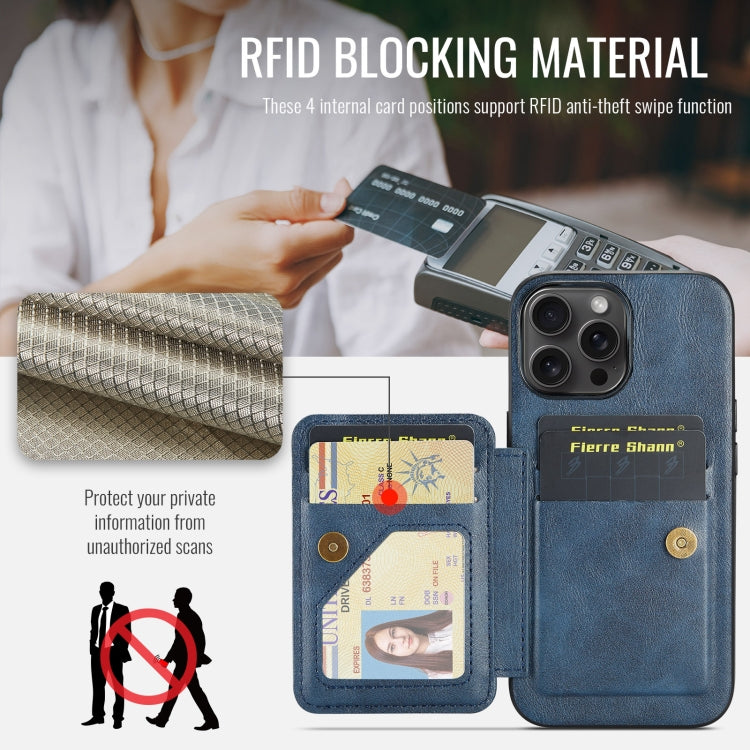 For iPhone 16 Pro Max Fierre Shann Oil Wax Cow Leather Card Holder Back Phone Case(Blue) by FIERRE SHANN