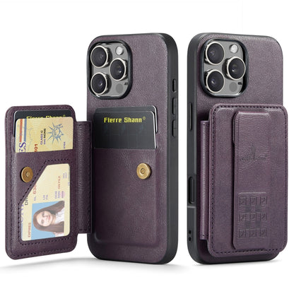 For iPhone 16 Pro Max Fierre Shann Oil Wax Cow Leather Card Holder Back Phone Case(Purple) by FIERRE SHANN