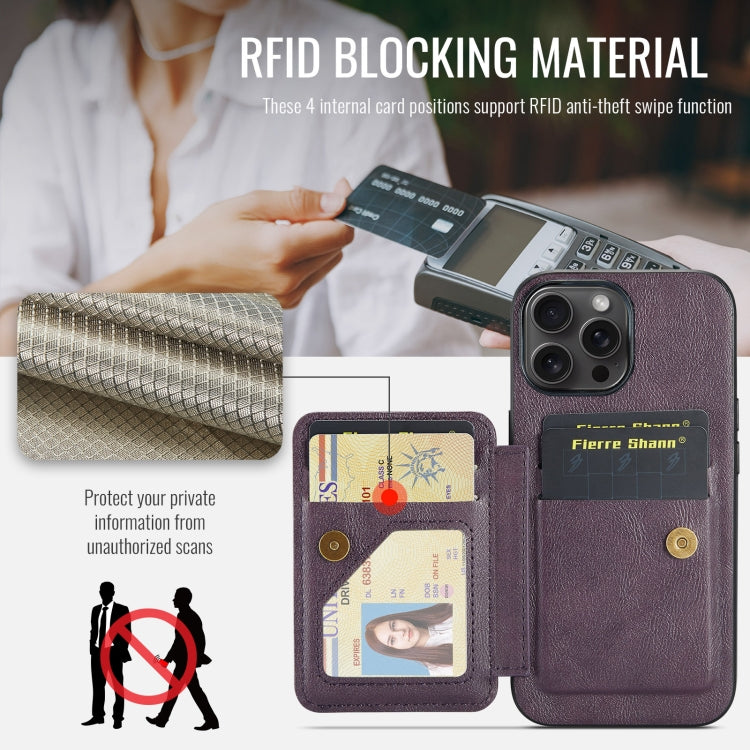 For iPhone 16 Pro Max Fierre Shann Oil Wax Cow Leather Card Holder Back Phone Case(Purple) by FIERRE SHANN