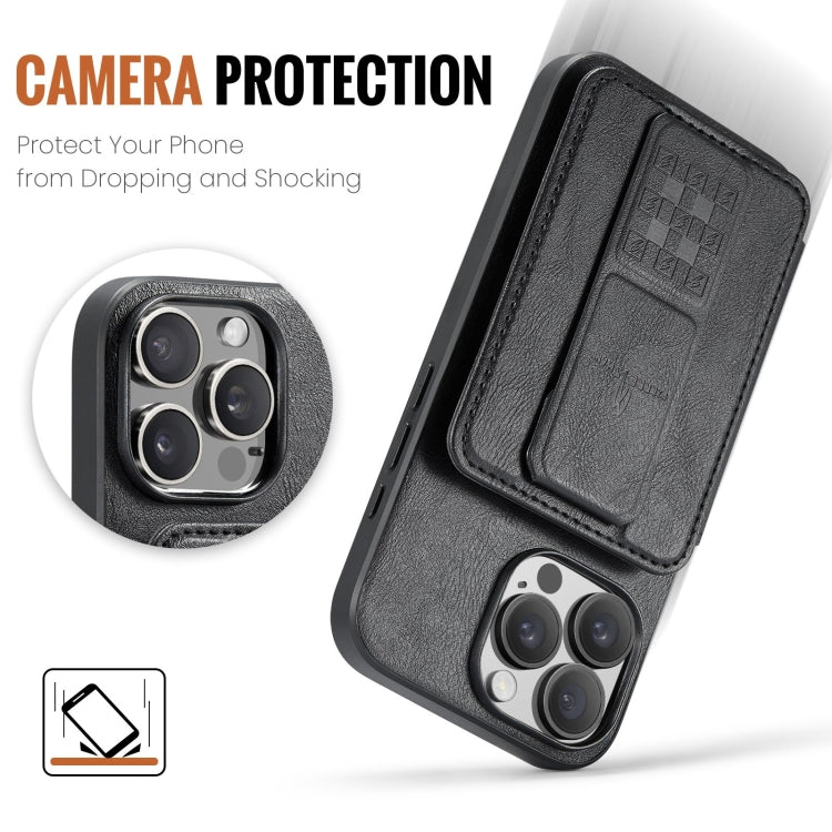 For iPhone 16 Pro Fierre Shann Oil Wax Cow Leather Card Holder Back Phone Case(Black) by FIERRE SHANN