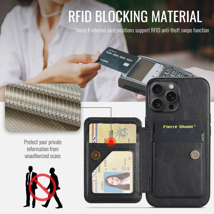 For iPhone 16 Pro Fierre Shann Oil Wax Cow Leather Card Holder Back Phone Case(Black) by FIERRE SHANN