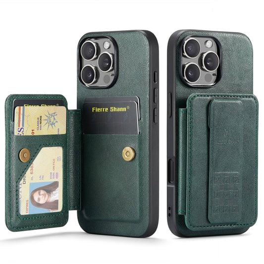 For iPhone 16 Pro Fierre Shann Oil Wax Cow Leather Card Holder Back Phone Case(Green) by FIERRE SHANN