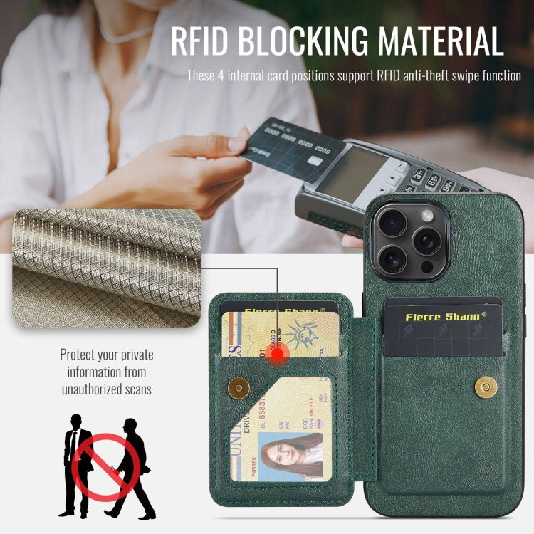 For iPhone 16 Pro Fierre Shann Oil Wax Cow Leather Card Holder Back Phone Case(Green) by FIERRE SHANN