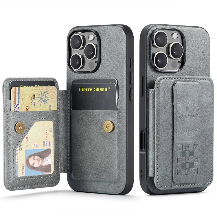 For iPhone 16 Pro Fierre Shann Oil Wax Cow Leather Card Holder Back Phone Case(Grey) by FIERRE SHANN