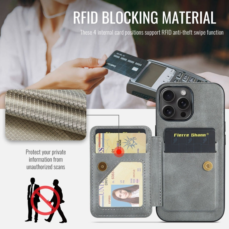 For iPhone 16 Pro Fierre Shann Oil Wax Cow Leather Card Holder Back Phone Case(Grey) by FIERRE SHANN