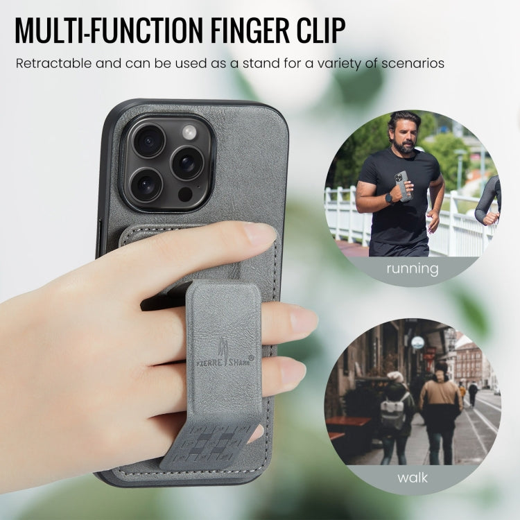 For iPhone 16 Pro Fierre Shann Oil Wax Cow Leather Card Holder Back Phone Case(Grey) by FIERRE SHANN