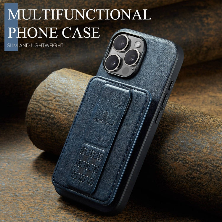 For iPhone 16 Pro Fierre Shann Oil Wax Cow Leather Card Holder Back Phone Case(Blue) by FIERRE SHANN