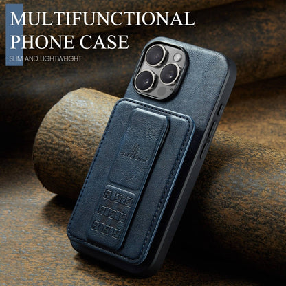 For iPhone 16 Pro Fierre Shann Oil Wax Cow Leather Card Holder Back Phone Case(Blue) by FIERRE SHANN