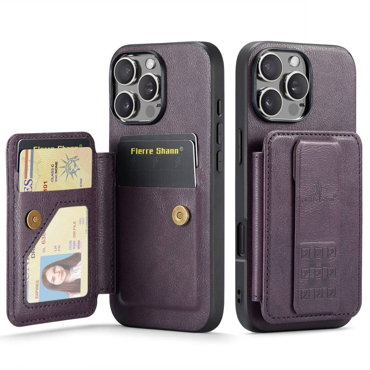 For iPhone 16 Pro Fierre Shann Oil Wax Cow Leather Card Holder Back Phone Case(Purple) by FIERRE SHANN