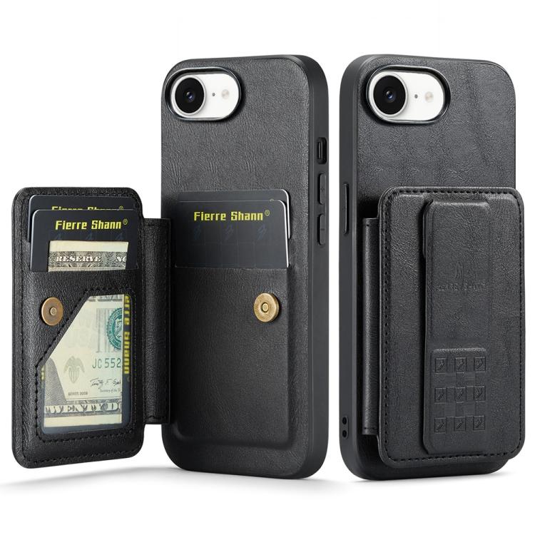 For iPhone 16e Fierre Shann Oil Wax Cow Leather Card Holder Back Phone Case(Black) - iPhone 16e Cases by FIERRE SHANN | Online Shopping UK | buy2fix