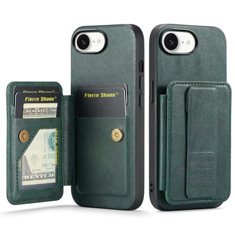 For iPhone 16e Fierre Shann Oil Wax Cow Leather Card Holder Back Phone Case(Green) - iPhone 16e Cases by FIERRE SHANN | Online Shopping UK | buy2fix