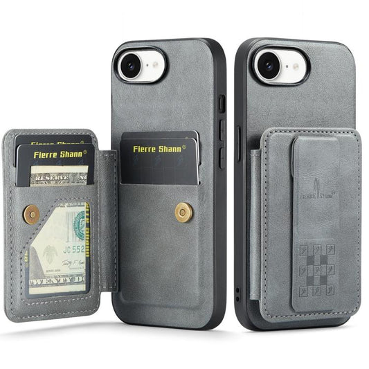 For iPhone 16e Fierre Shann Oil Wax Cow Leather Card Holder Back Phone Case(Grey) - iPhone 16e Cases by FIERRE SHANN | Online Shopping UK | buy2fix