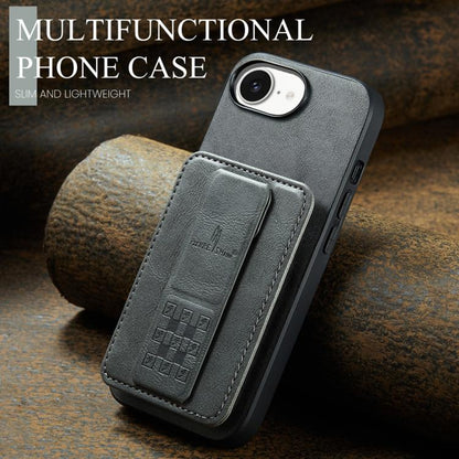 For iPhone 16e Fierre Shann Oil Wax Cow Leather Card Holder Back Phone Case(Grey) - iPhone 16e Cases by FIERRE SHANN | Online Shopping UK | buy2fix