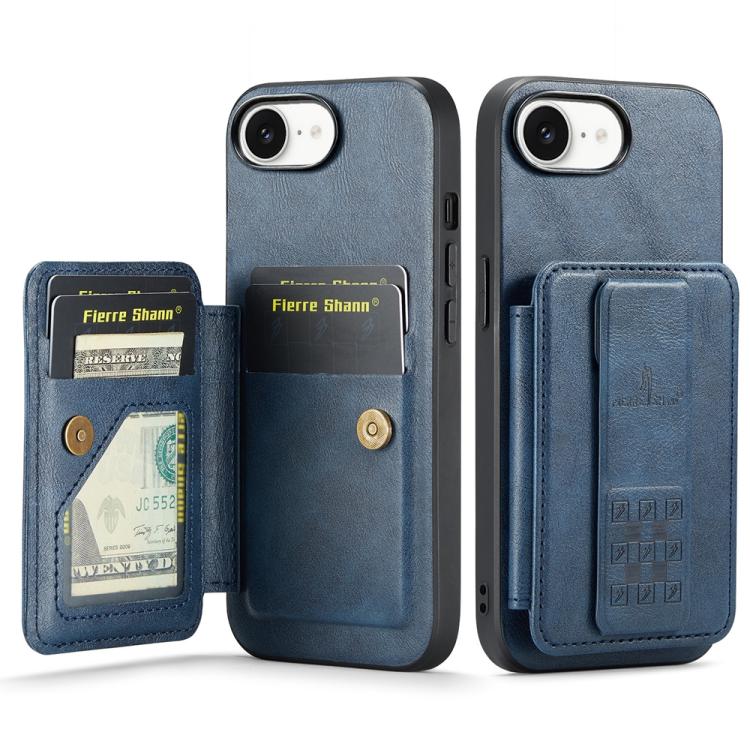 For iPhone 16e Fierre Shann Oil Wax Cow Leather Card Holder Back Phone Case(Blue) - iPhone 16e Cases by FIERRE SHANN | Online Shopping UK | buy2fix