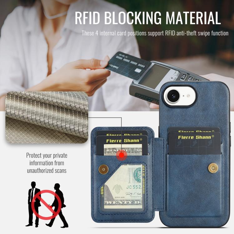 For iPhone 16e Fierre Shann Oil Wax Cow Leather Card Holder Back Phone Case(Blue) - iPhone 16e Cases by FIERRE SHANN | Online Shopping UK | buy2fix