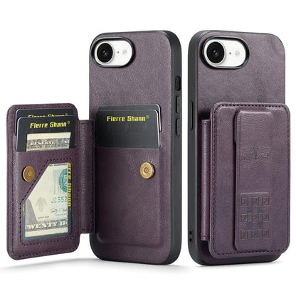 For iPhone 16e Fierre Shann Oil Wax Cow Leather Card Holder Back Phone Case(Purple) - iPhone 16e Cases by FIERRE SHANN | Online Shopping UK | buy2fix