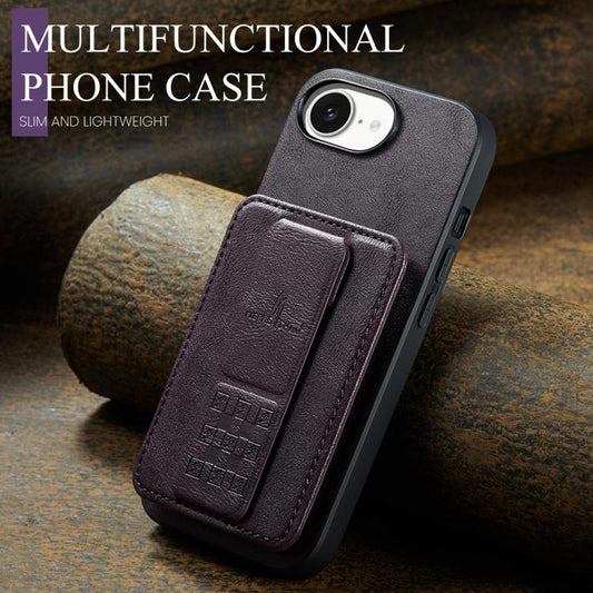 For iPhone 16e Fierre Shann Oil Wax Cow Leather Card Holder Back Phone Case(Purple) - iPhone 16e Cases by FIERRE SHANN | Online Shopping UK | buy2fix