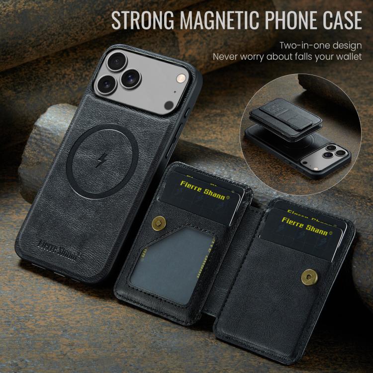 For iPhone 17 Pro Max Fierre Shann Oil Wax Cow Leather Card Holder Back Phone Case(Black) - iPhone 17 Pro Max Cases by FIERRE SHANN | Online Shopping UK | buy2fix