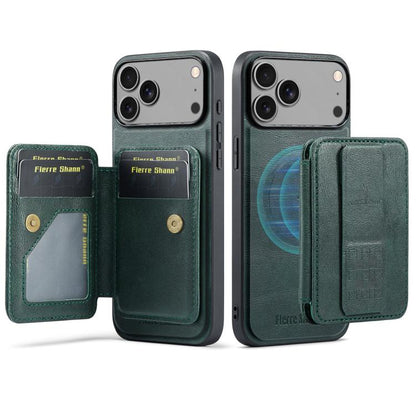 For iPhone 17 Pro Max Fierre Shann Oil Wax Cow Leather Card Holder Back Phone Case(Green) - iPhone 17 Pro Max Cases by FIERRE SHANN | Online Shopping UK | buy2fix