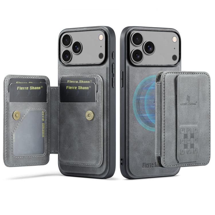 For iPhone 17 Pro Max Fierre Shann Oil Wax Cow Leather Card Holder Back Phone Case(Grey) - iPhone 17 Pro Max Cases by FIERRE SHANN | Online Shopping UK | buy2fix