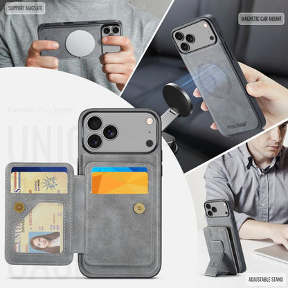 For iPhone 17 Pro Max Fierre Shann Oil Wax Cow Leather Card Holder Back Phone Case(Grey) - iPhone 17 Pro Max Cases by FIERRE SHANN | Online Shopping UK | buy2fix