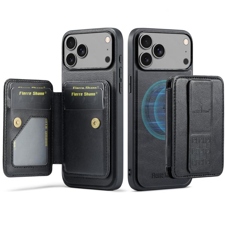 For iPhone 17 Pro Fierre Shann Oil Wax Cow Leather Card Holder Back Phone Case(Black) - iPhone 17 Pro Cases by FIERRE SHANN | Online Shopping UK | buy2fix