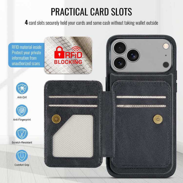 For iPhone 17 Pro Fierre Shann Oil Wax Cow Leather Card Holder Back Phone Case(Black) - iPhone 17 Pro Cases by FIERRE SHANN | Online Shopping UK | buy2fix