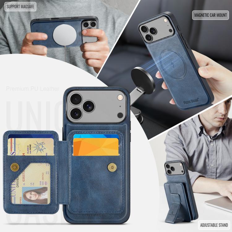 For iPhone 17 Pro Fierre Shann Oil Wax Cow Leather Card Holder Back Phone Case(Blue) - iPhone 17 Pro Cases by FIERRE SHANN | Online Shopping UK | buy2fix