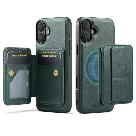 For iPhone 17 Fierre Shann Oil Wax Cow Leather Card Holder Back Phone Case(Green)