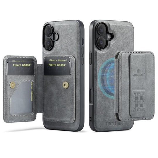 For iPhone 17 Fierre Shann Oil Wax Cow Leather Card Holder Back Phone Case(Grey)