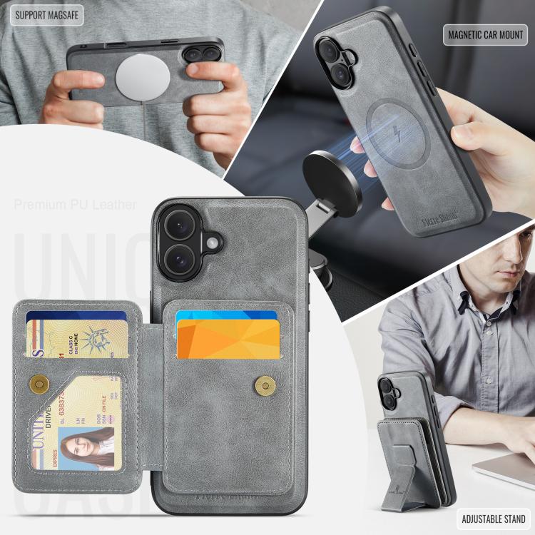 For iPhone 17 Fierre Shann Oil Wax Cow Leather Card Holder Back Phone Case(Grey) - iPhone 17 Cases by FIERRE SHANN | Online Shopping UK | buy2fix