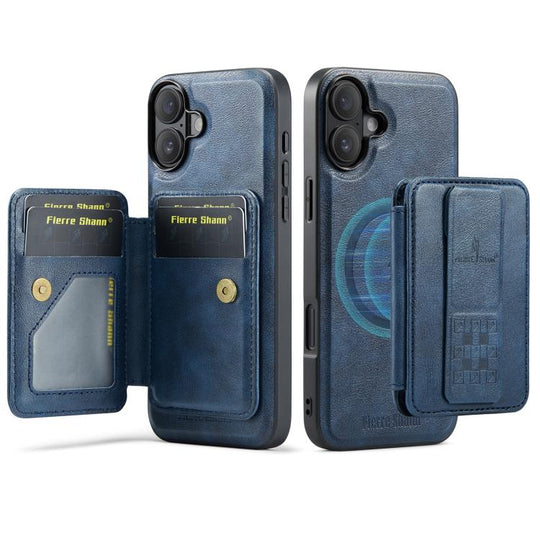 For iPhone 17 Fierre Shann Oil Wax Cow Leather Card Holder Back Phone Case(Blue)