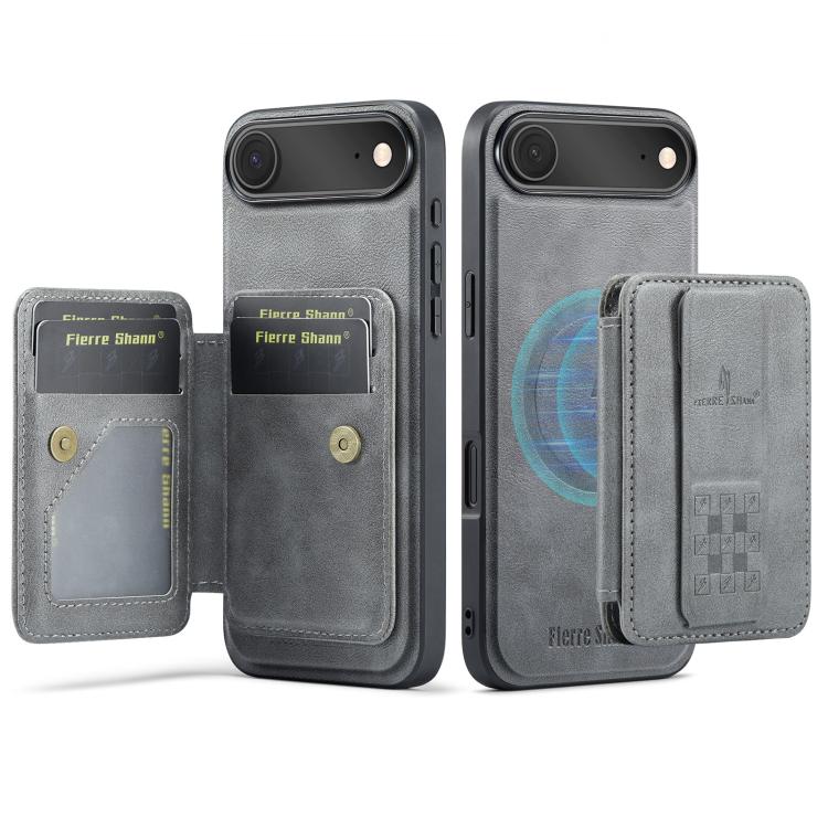 For iPhone 17 Air Fierre Shann Oil Wax Cow Leather Card Holder Back Phone Case(Grey) - iPhone 17 Air Cases by FIERRE SHANN | Online Shopping UK | buy2fix