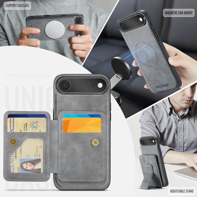 For iPhone 17 Air Fierre Shann Oil Wax Cow Leather Card Holder Back Phone Case(Grey) - iPhone 17 Air Cases by FIERRE SHANN | Online Shopping UK | buy2fix